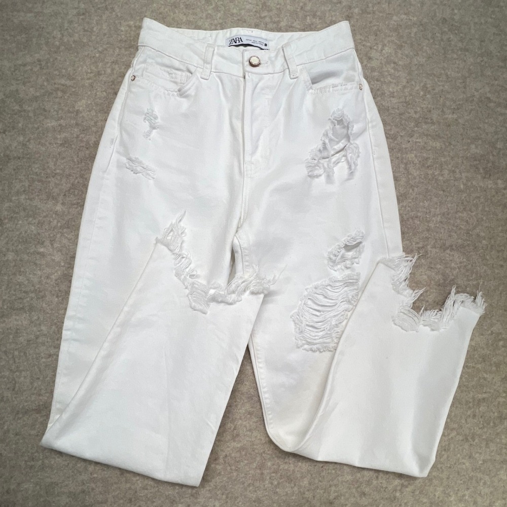 Zara Womens‎ White Distressed High Waisted Button Fly Straight Leg Jeans Size 2